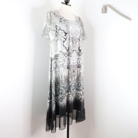 One World Womens M White Gray Ornate Rhinestone A-Line Silky Stretch Shift Dress - Picture 2 of 9
